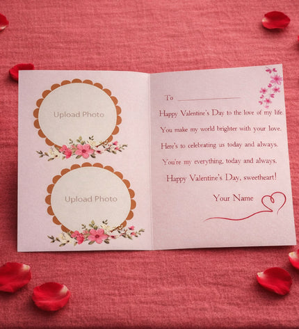 Valentine's Day card with red rose petals on a red background