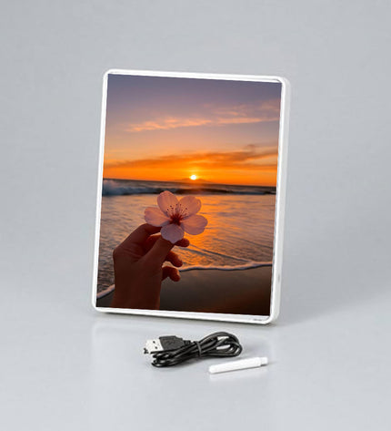 Digital photo frame displaying a sunset and hand holding a flower, with USB cable and stylus on a gray background.