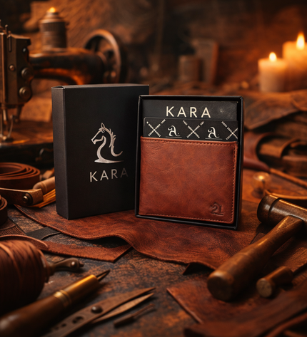 Brown leather wallet and black box with 'KARA' branding on a rustic workshop background.