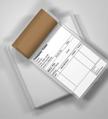 Stack of printed forms with a brown cover on a light gray background