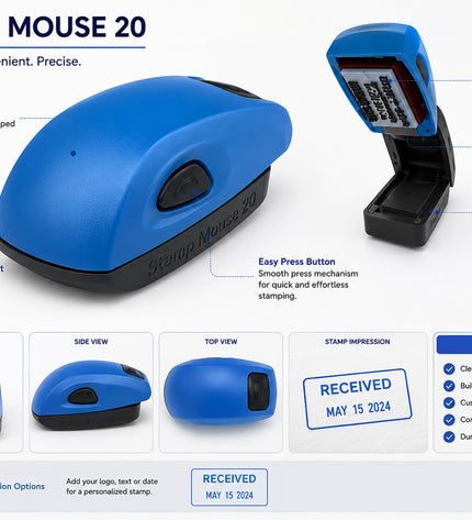 Blue stamp mouse 20 with features and specifications on a white background