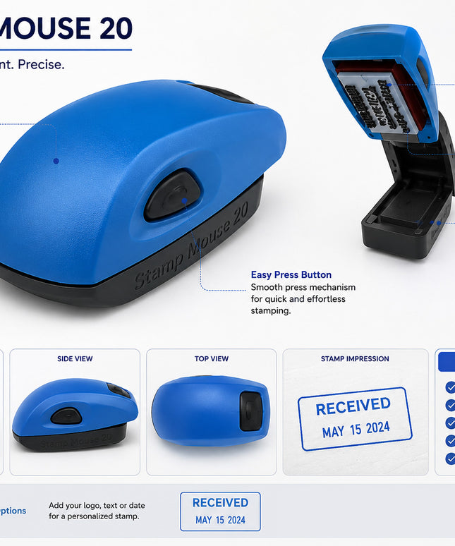 Blue stamp mouse 20 with features and specifications on a white background