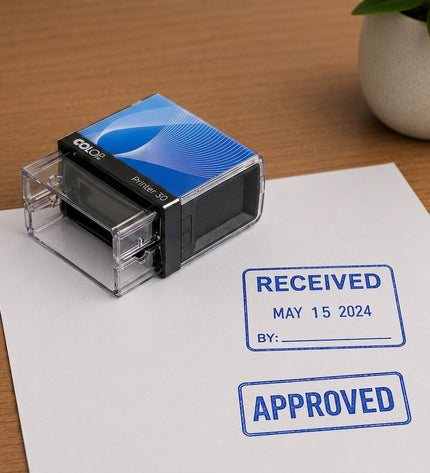 Rubber stamp with blue ink pad on a piece of paper stamped with 'Received' and 'Approved' on a wooden surface.