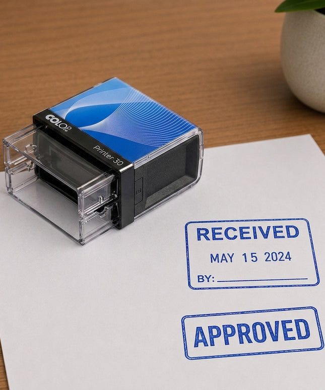 Rubber stamp with blue ink pad on a piece of paper stamped with 'Received' and 'Approved' on a wooden surface.