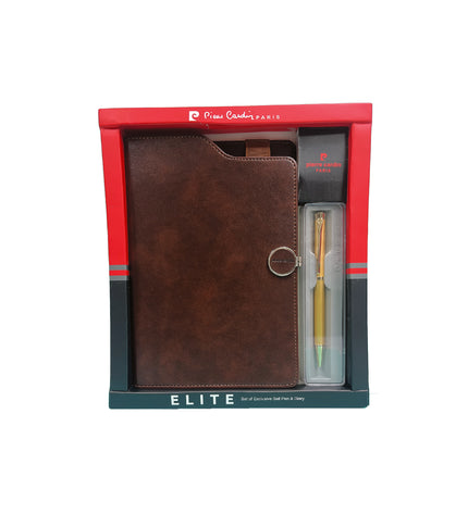 Brown leather notebook with pen in a red and green Elite packaging