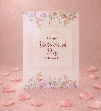 Valentine's Day card with floral designs and rose petals on a pink background
