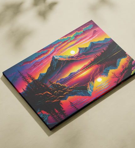 Canvas print of a colorful mountain landscape on a beige surface