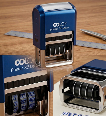 Colop printer stamps on a wooden surface with a piece of paper displaying 'RECEIVED' text.