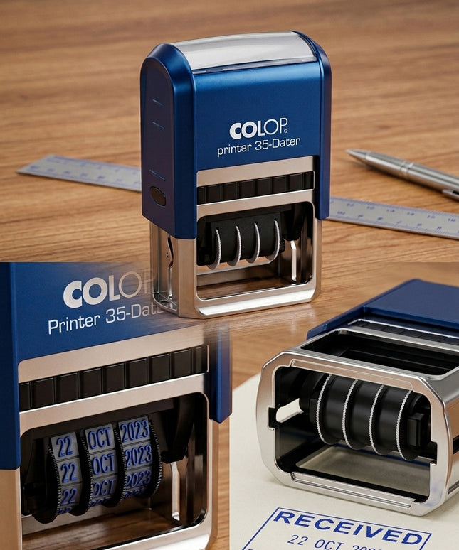 Colop printer stamps on a wooden surface with a piece of paper displaying 'RECEIVED' text.