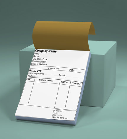 Roll of paper with a pre-printed invoice template on a green background