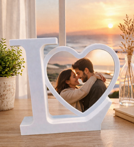 White 'I love you' photo frame with a couple's picture on a table with a sunset view.