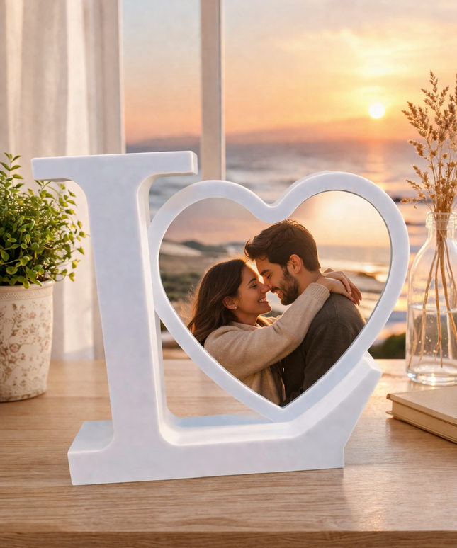 White 'I love you' photo frame with a couple's picture on a table with a sunset view.