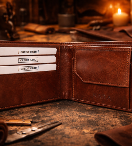 Brown leather wallet with 'Nero' branding on a rustic background with tools and candles.