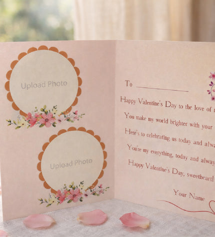 Valentine's Day card with floral designs and text on a table with rose petals.