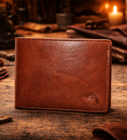Brown leather wallet on a wooden surface with vintage tools and candles in the background