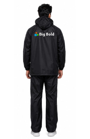 Person wearing a black raincoat with 'Big Bold' logo on the back against a white background