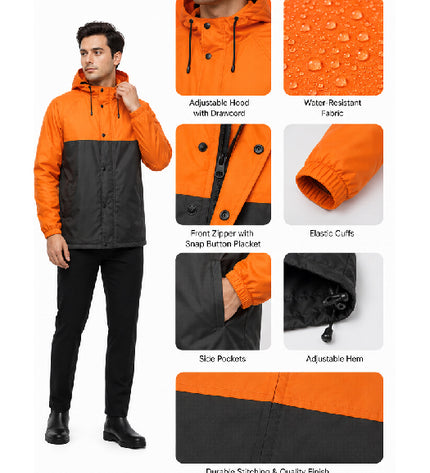 Orange and black raincoat with features highlighted on a white background