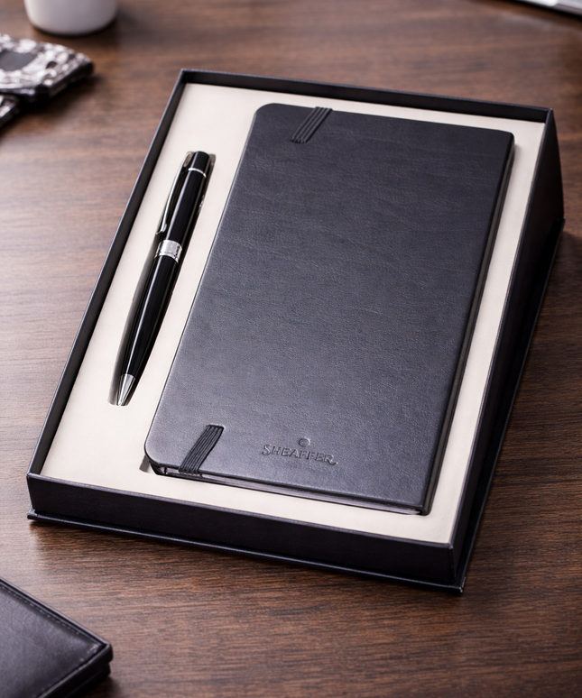 Sheaffer Gift Set- VFM Matte Black BP with A6 Black Notebook