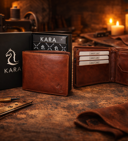 Brown leather wallet with 'KARA' branding on a rustic wooden surface with candles in the background.