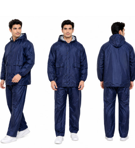 Navy raincoat and pants set displayed from front, side, and back on a white background.