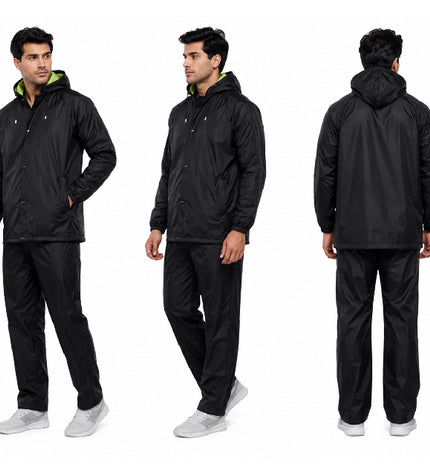 Black raincoat and pants set worn by a model on a white background