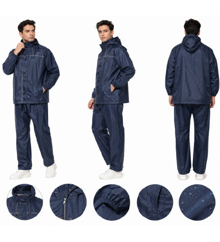 Navy raincoat and pants set with multiple views and texture details on a white background