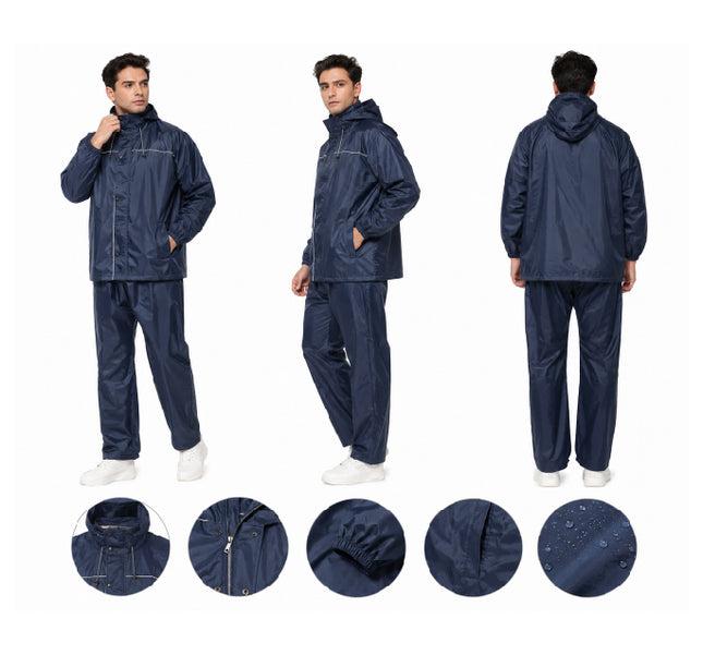 Navy raincoat and pants set with multiple views and texture details on a white background