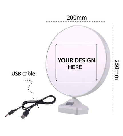 Circular sign with USB cable and dimensions on a white background