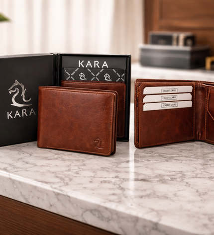 Brown leather wallet with open design on a marble surface, branded 'KARA'.