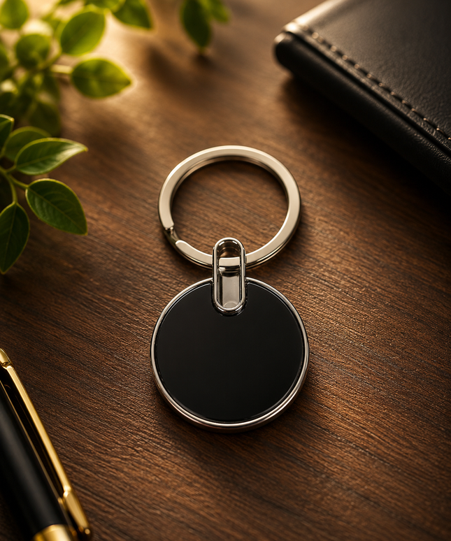 Engraved Dark Black Round Keychain