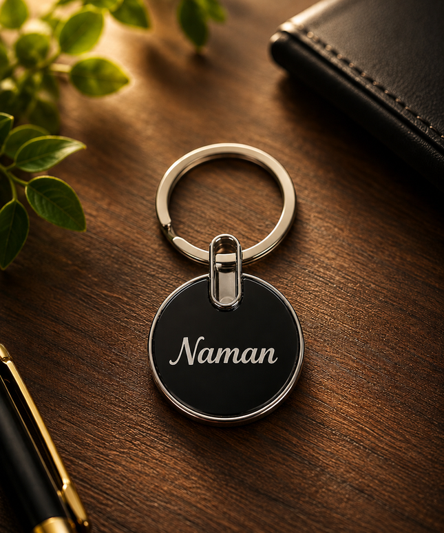 Engraved Dark Black Round Keychain