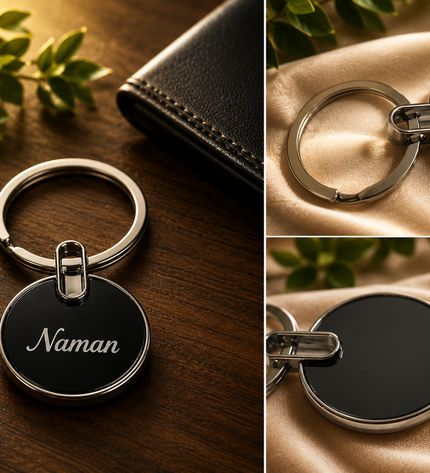 Engraved Dark Black Round Keychain