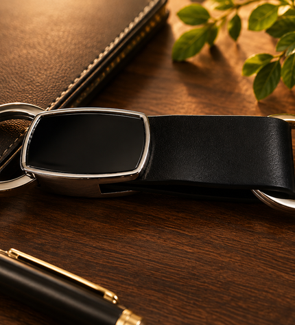 Engraved Black Leather Strip Keychain