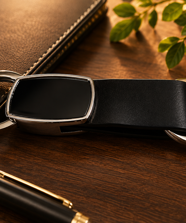 Engraved Black Leather Strip Keychain