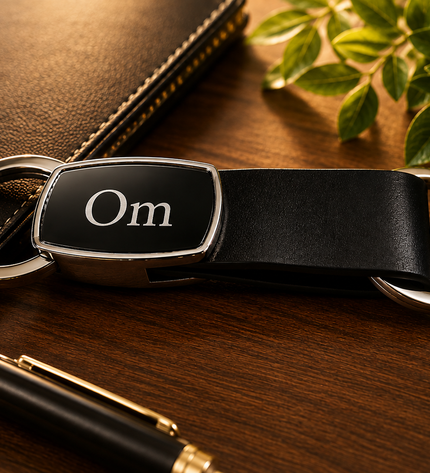 Engraved Black Leather Strip Keychain