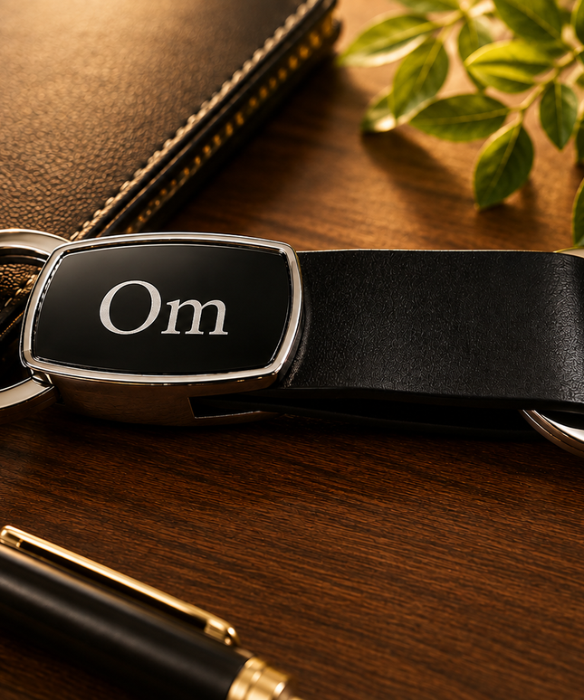 Engraved Black Leather Strip Keychain
