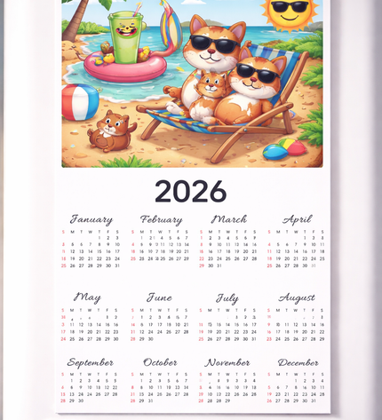 Calendar for 2026 with cartoon cats on a beach, attached to a refrigerator.