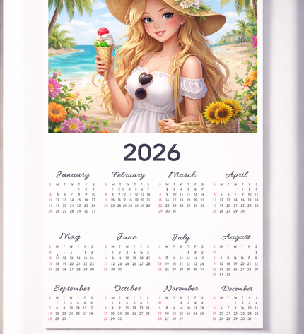 Calendar for 2026 with a beach-themed illustration of a girl on a refrigerator.