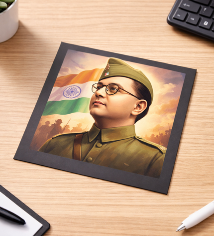 Portrait of a person in military uniform on a desk with an Indian flag in the background