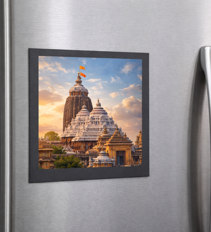 Fridge magnet with a temple image on a metallic surface
