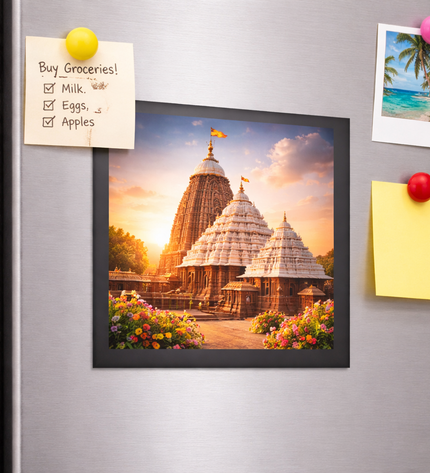 Framed picture of a temple on a refrigerator with notes and photos attached