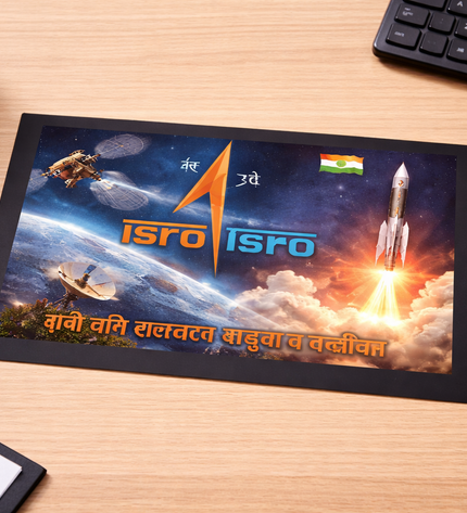 ISRO-themed mouse pad on a desk with a keyboard and pen.