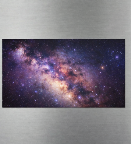 Stainless steel refrigerator with a galaxy-themed magnet on the door