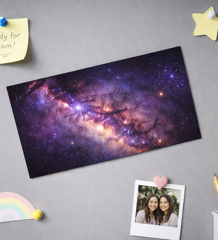 Framed space-themed poster on a gray wall with various decorations.