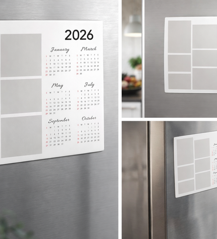Calendar sheets for 2026 displayed on a refrigerator with a hand holding a mug.