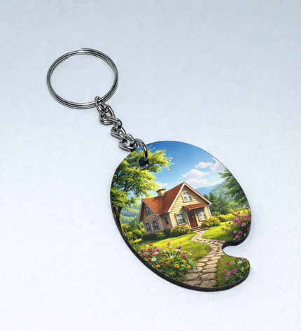 Keychain with a scenic design of a house and garden on a white background
