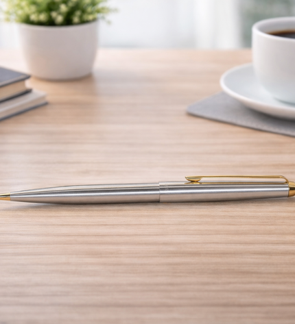Pen on a wooden desk with a cup of coffee and office supplies in the background
