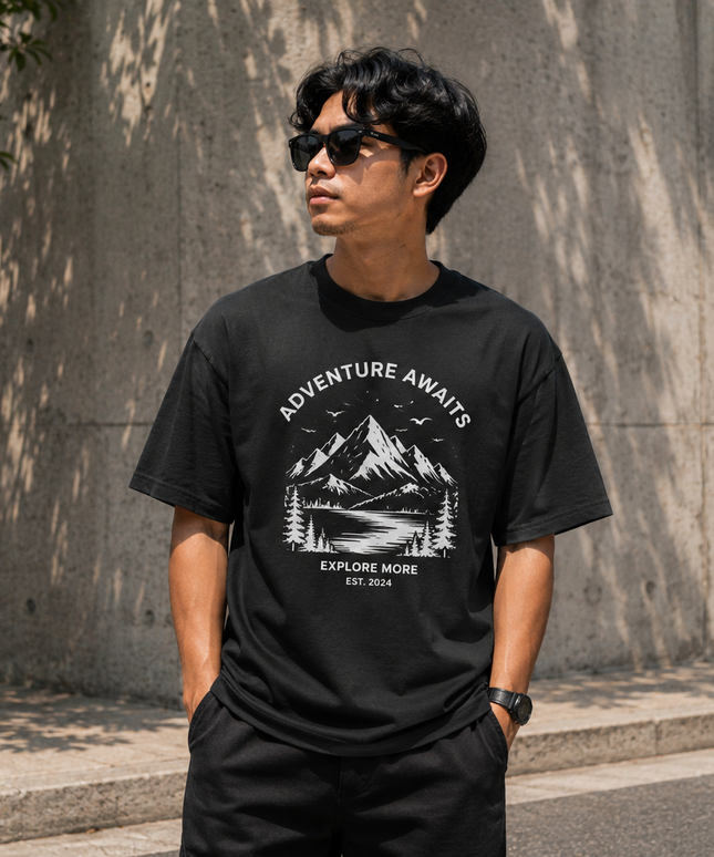 Round neck pure cotton drop shoulder T-shirt-Black