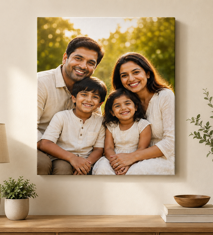Family photo on a wall with decorative items on a shelf below