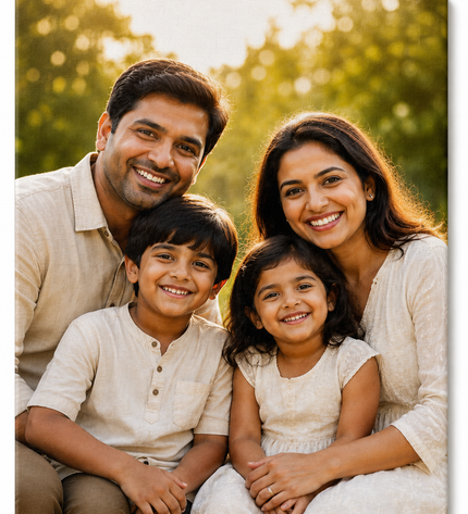 Family of four smiling outdoors with a blurred green background